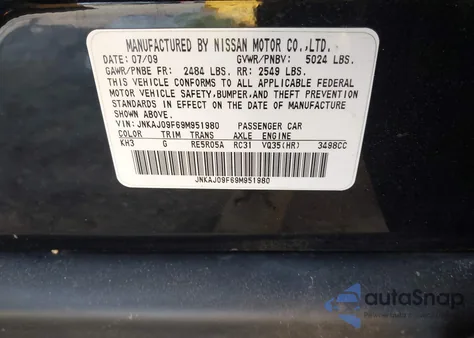 2009 Infiniti Ex35 z USA, uszkodzony, nr VIN JNKAJ09F69M951980